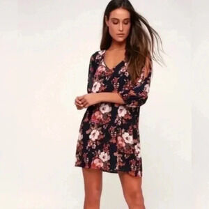 Lulus Shifting Dears Navy Blue Floral Print Split Sleeves Dress Size medium